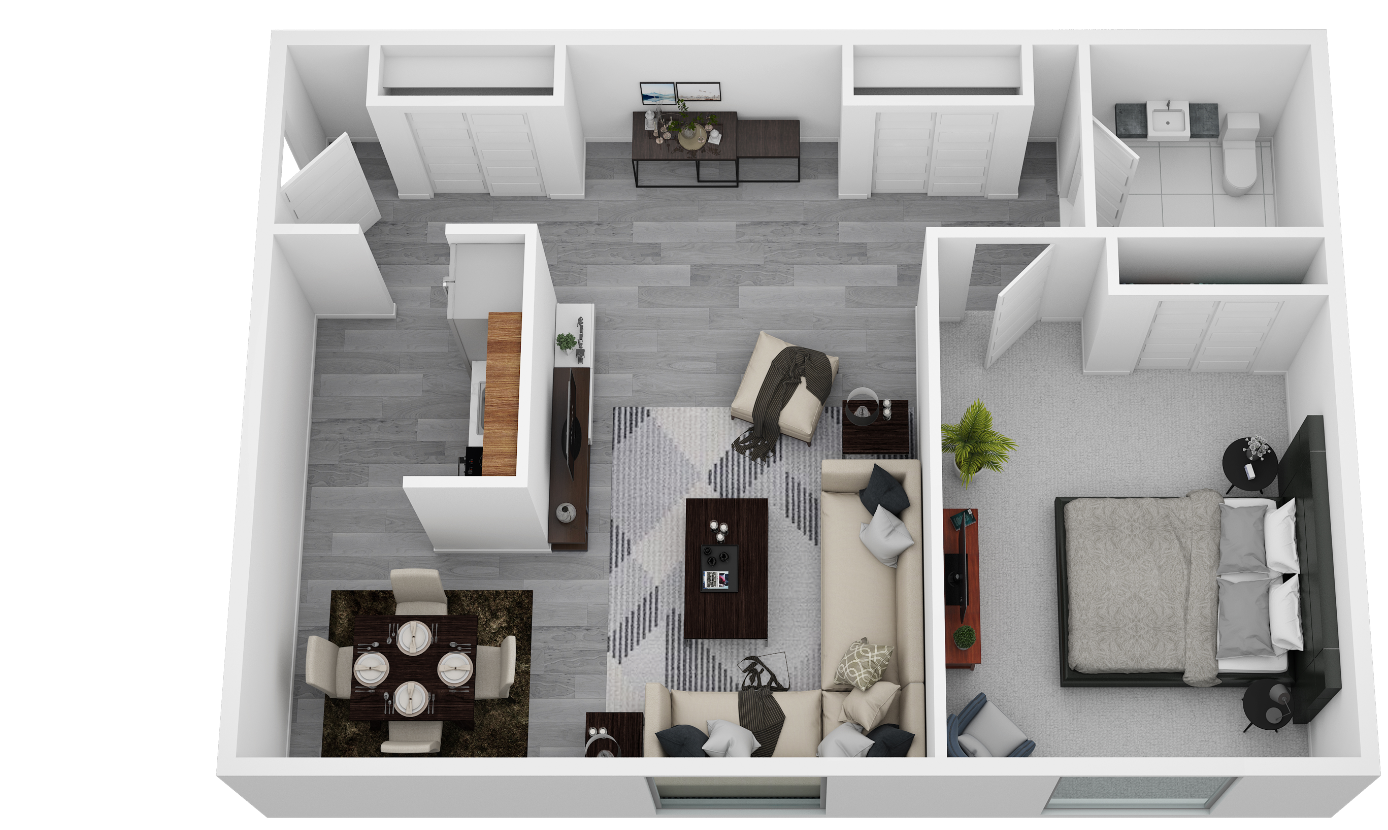 Floor plan for 1 bed, 1 bath, 661 sqft